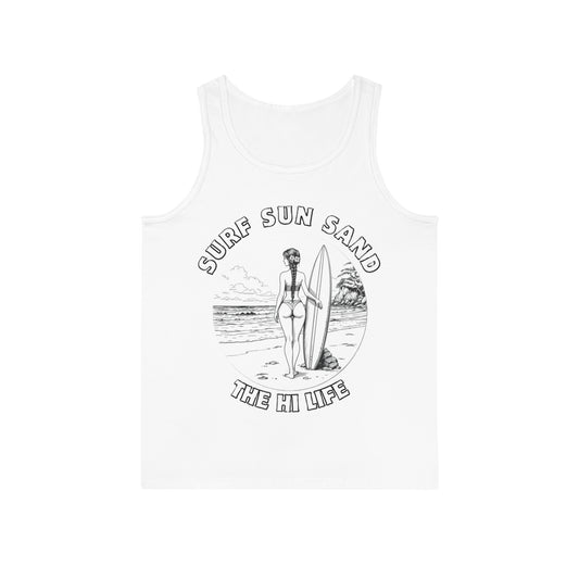 Surf Sun Sand Unisex Tank Top | Beach Vibes Shirt, Summer Apparel, Surf Gear, Vacation Outfit, Gift for Beach Lovers